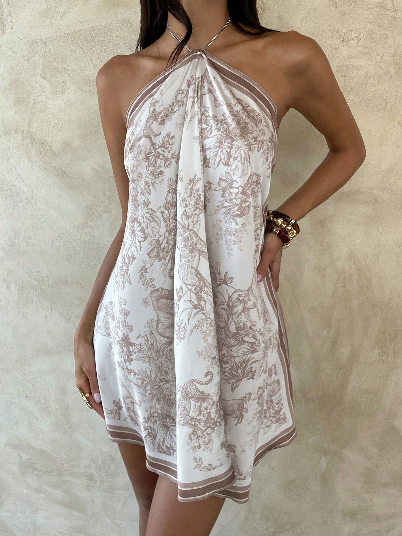 Aloruh Women's Elegant Jacquard Print Metal Chain Neck Mini Dress,Summer Dresses For Women,Festival Outfits Women,Beach Dress,Vacation Latest Dress,Halter