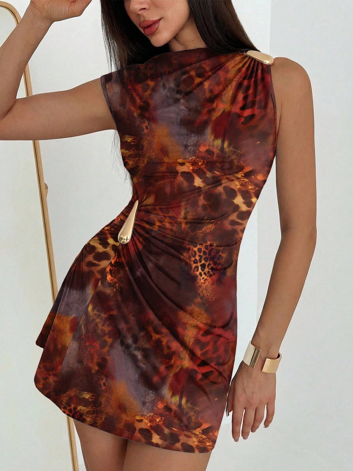 Aloruh Women's Elegant Sexy Brown Tie Dye Leopard Print Metal Decor Ruched Hem Mini Dress, Summer Holiday Sundress, Brown Leopard Print Dress,Dresses For Women Summer