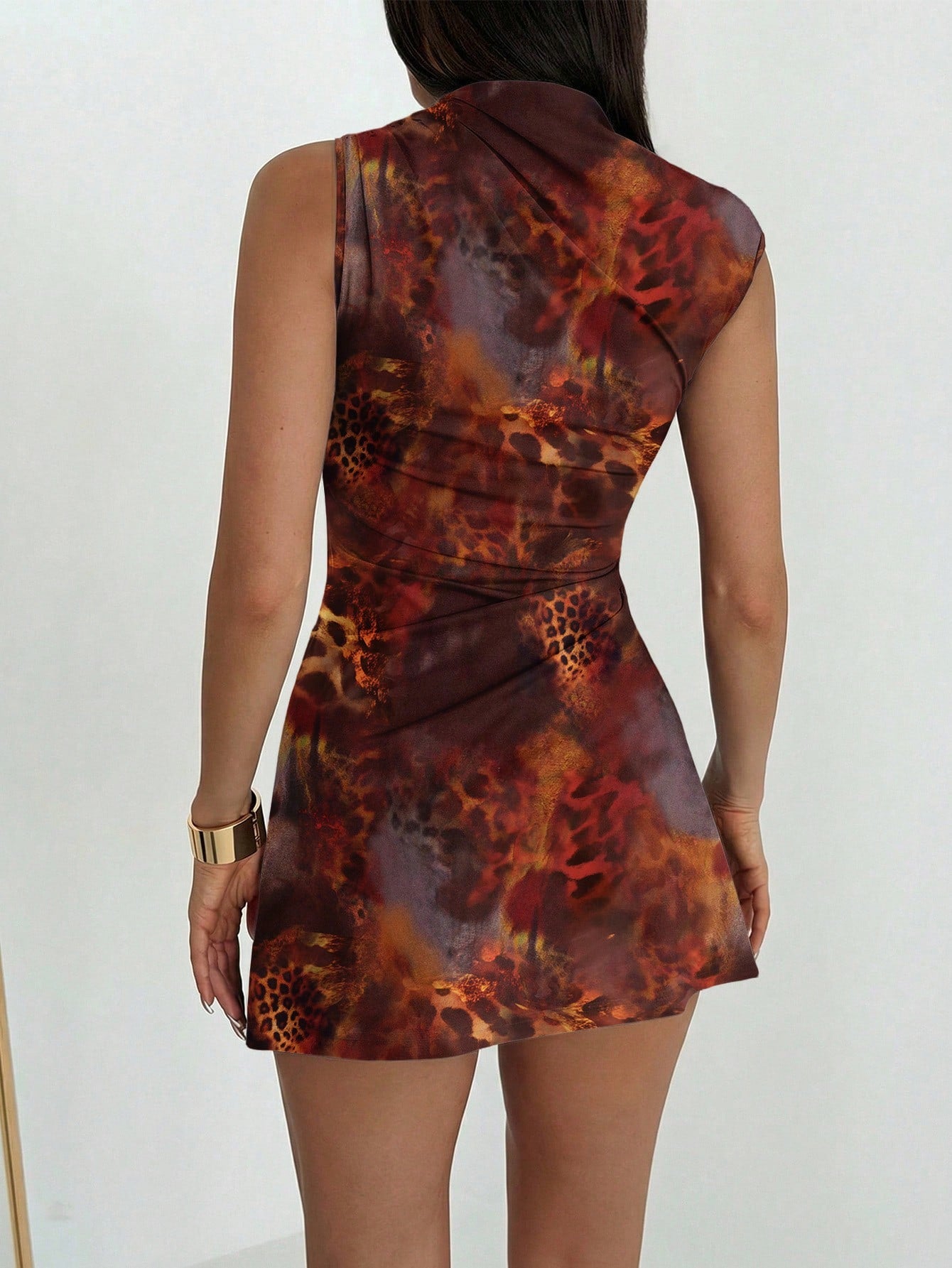 Aloruh Women's Elegant Sexy Brown Tie Dye Leopard Print Metal Decor Ruched Hem Mini Dress, Summer Holiday Sundress, Brown Leopard Print Dress,Dresses For Women Summer
