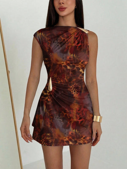 Aloruh Women's Elegant Sexy Brown Tie Dye Leopard Print Metal Decor Ruched Hem Mini Dress, Summer Holiday Sundress, Brown Leopard Print Dress,Dresses For Women Summer