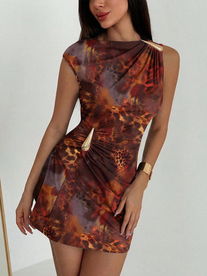 Aloruh Women's Elegant Sexy Brown Tie Dye Leopard Print Metal Decor Ruched Hem Mini Dress, Summer Holiday Sundress, Brown Leopard Print Dress,Dresses For Women Summer