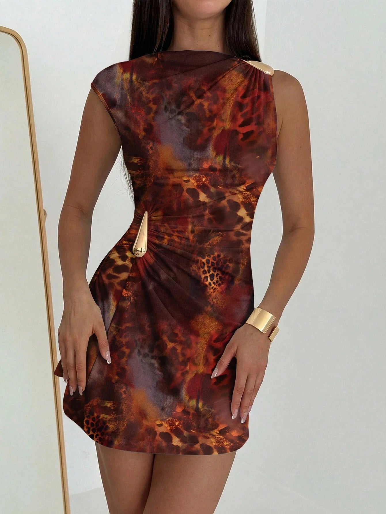 Aloruh Women's Elegant Sexy Brown Tie Dye Leopard Print Metal Decor Ruched Hem Mini Dress, Summer Holiday Sundress, Brown Leopard Print Dress,Dresses For Women Summer