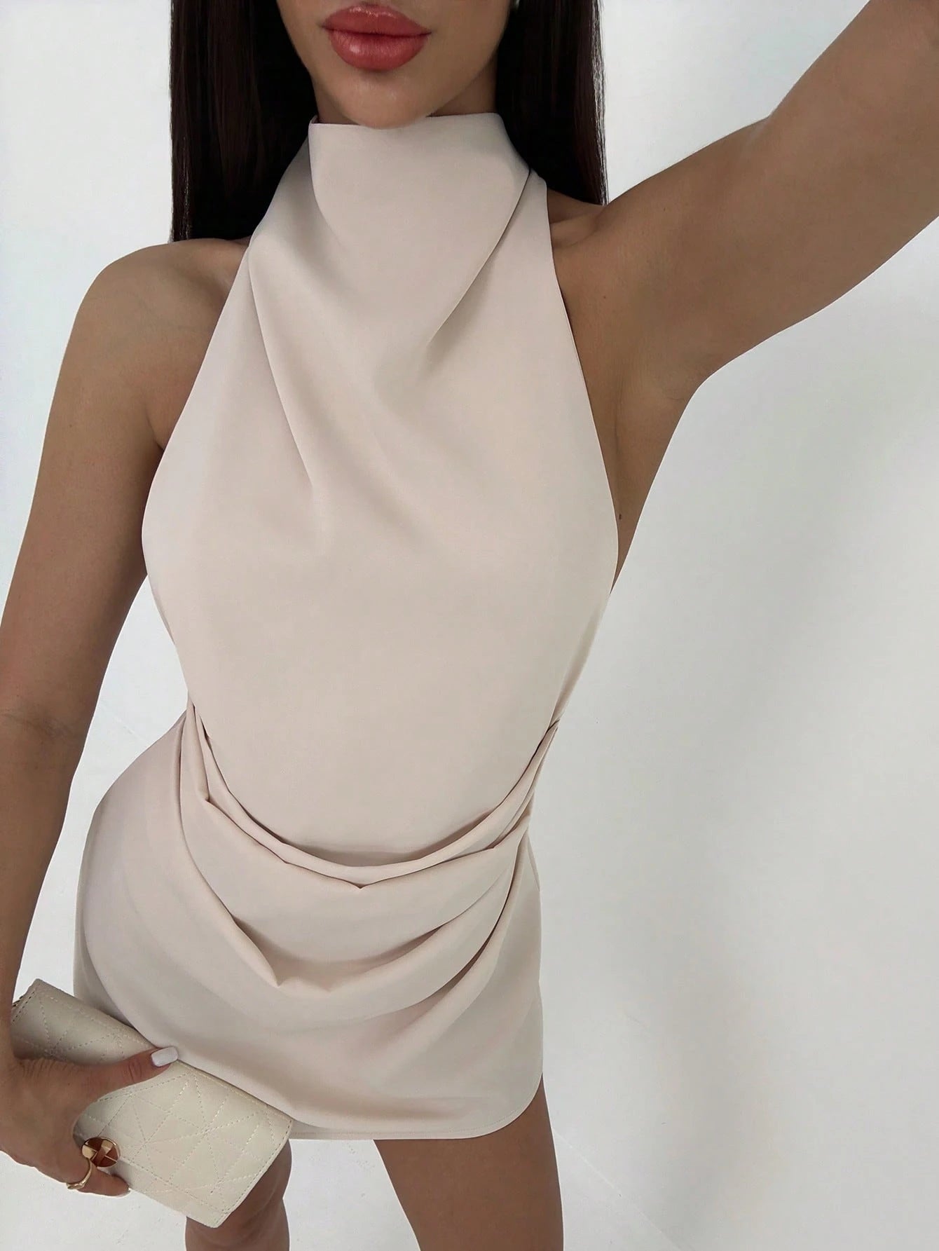 Aloruh Women's Elegant Sexy Summer Beige Satin Halter Dress, Minimalist Backless Criss-Cross Pleated Mini Bodycon Night Out Party Club Date Gown