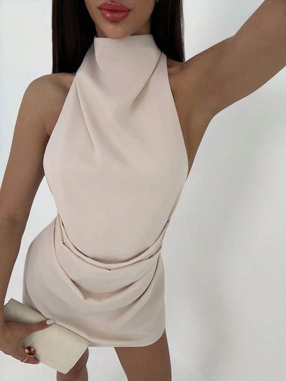 Aloruh Women's Elegant Sexy Summer Beige Satin Halter Dress, Minimalist Backless Criss-Cross Pleated Mini Bodycon Night Out Party Club Date Gown