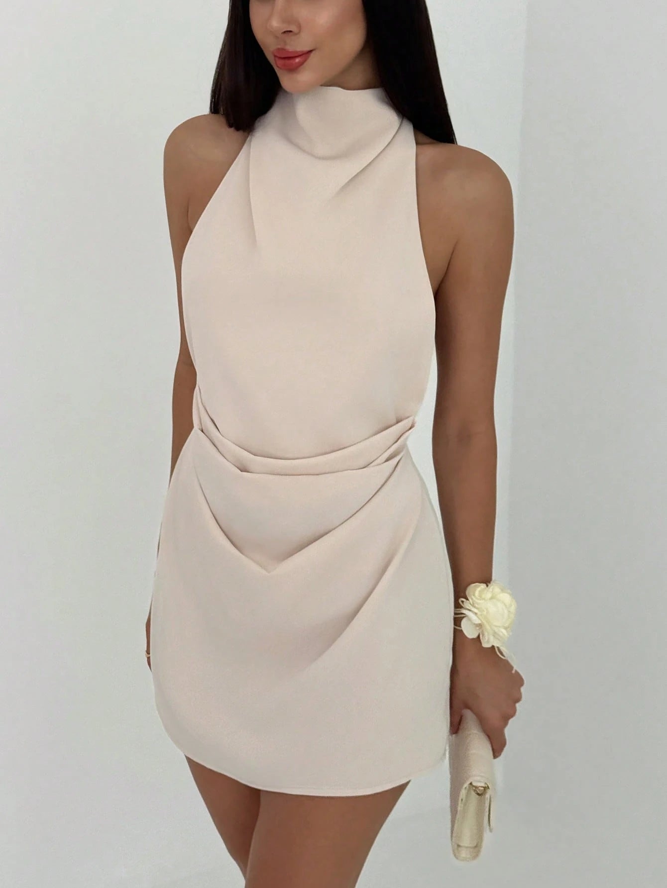 Aloruh Women's Elegant Sexy Summer Beige Satin Halter Dress, Minimalist Backless Criss-Cross Pleated Mini Bodycon Night Out Party Club Date Gown