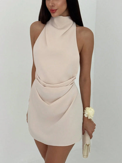 Aloruh Women's Elegant Sexy Summer Beige Satin Halter Dress, Minimalist Backless Criss-Cross Pleated Mini Bodycon Night Out Party Club Date Gown