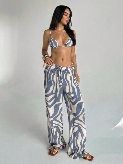 Aloruh Women's Spring/Summer New Zebra Print Low Waist Wide Leg Cover Up Pants, Beach Vacation Cover Ups For Swimwear