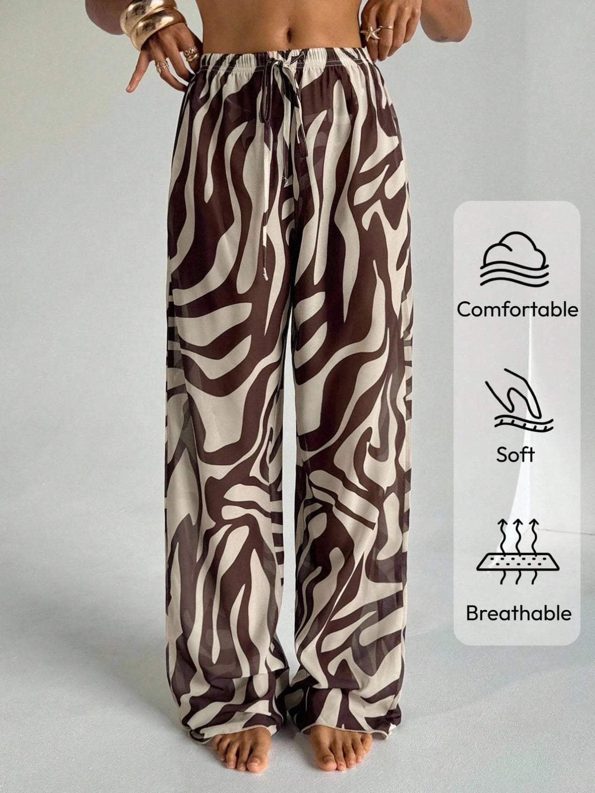 Aloruh Women's Spring/Summer New Zebra Print Low Waist Wide Leg Cover Up Pants, Beach Vacation Cover Ups For Swimwear