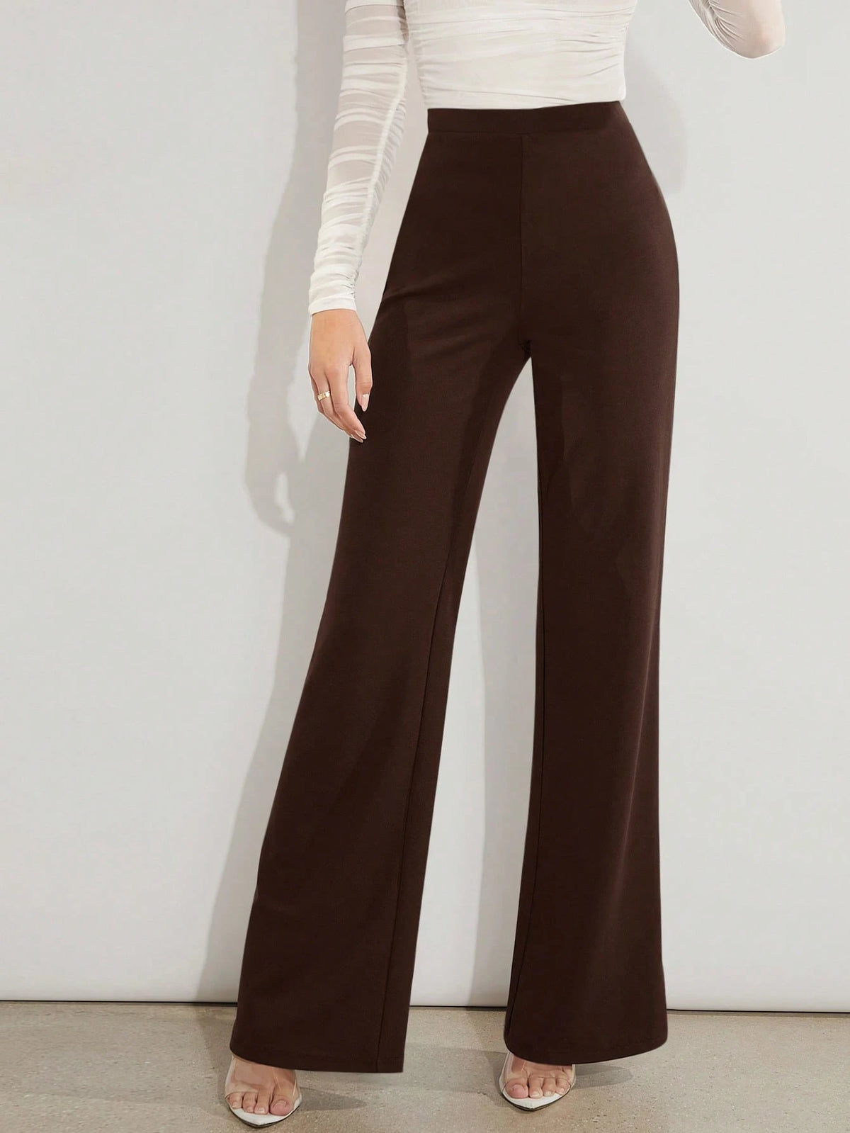 Amorya Women's Casual Solid Color High Waist Flare Leg Pants, Versatile For Work And Daily Wear Brown Wide Waisted Long Tall Women