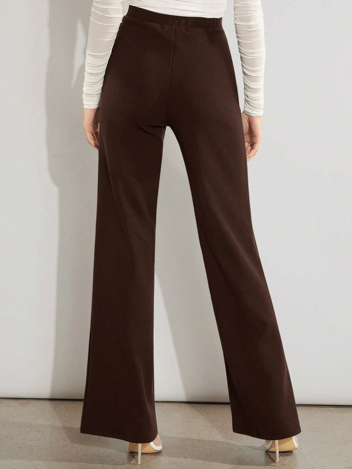 Amorya Women's Casual Solid Color High Waist Flare Leg Pants, Versatile For Work And Daily Wear Brown Wide Waisted Long Tall Women
