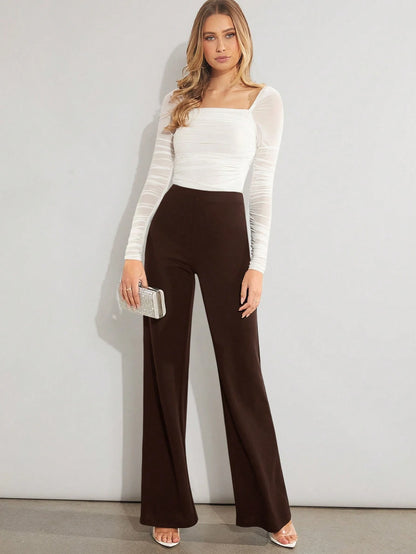 Amorya Women's Casual Solid Color High Waist Flare Leg Pants, Versatile For Work And Daily Wear Brown Wide Waisted Long Tall Women