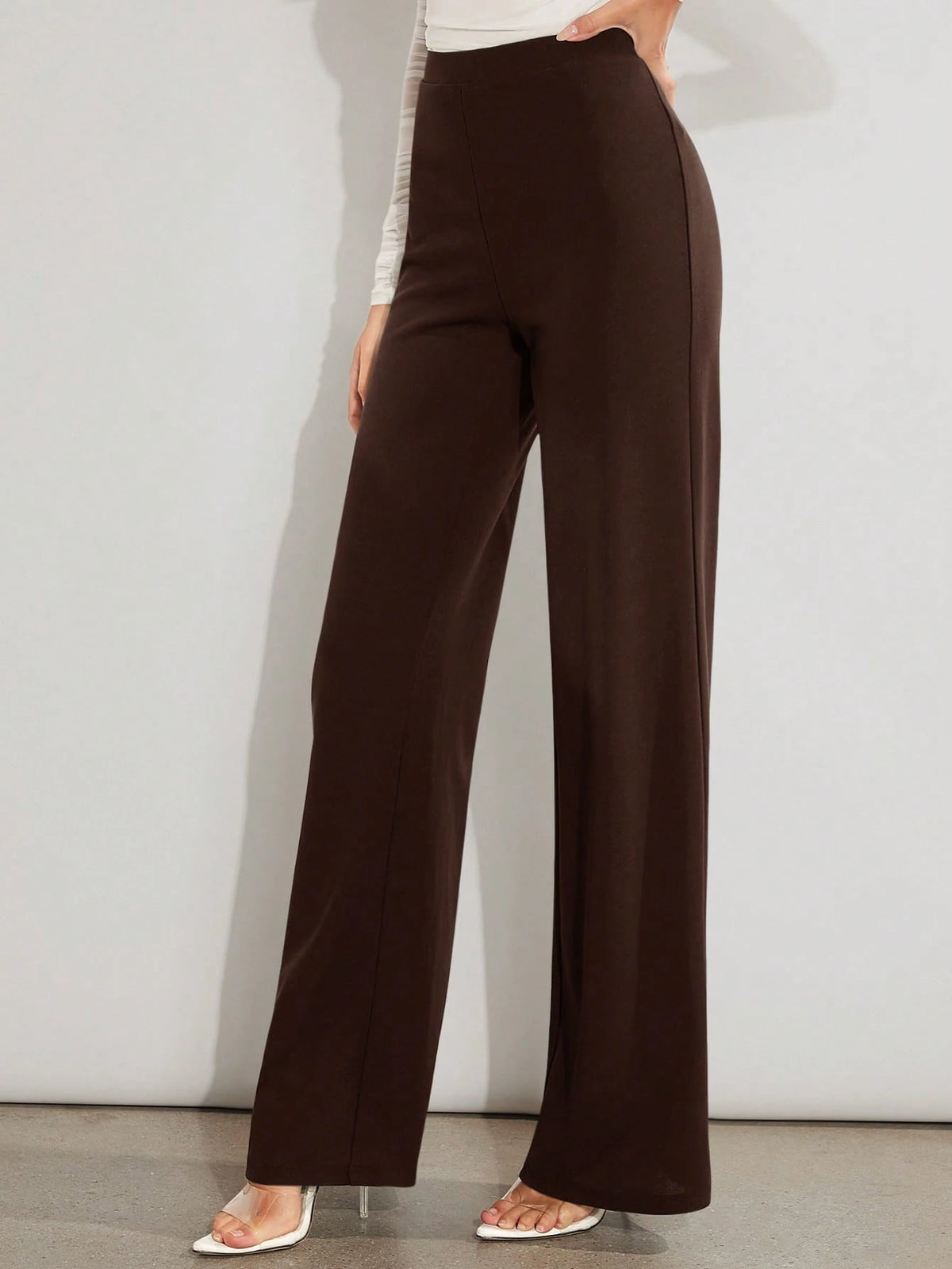 Amorya Women's Casual Solid Color High Waist Flare Leg Pants, Versatile For Work And Daily Wear Brown Wide Waisted Long Tall Women
