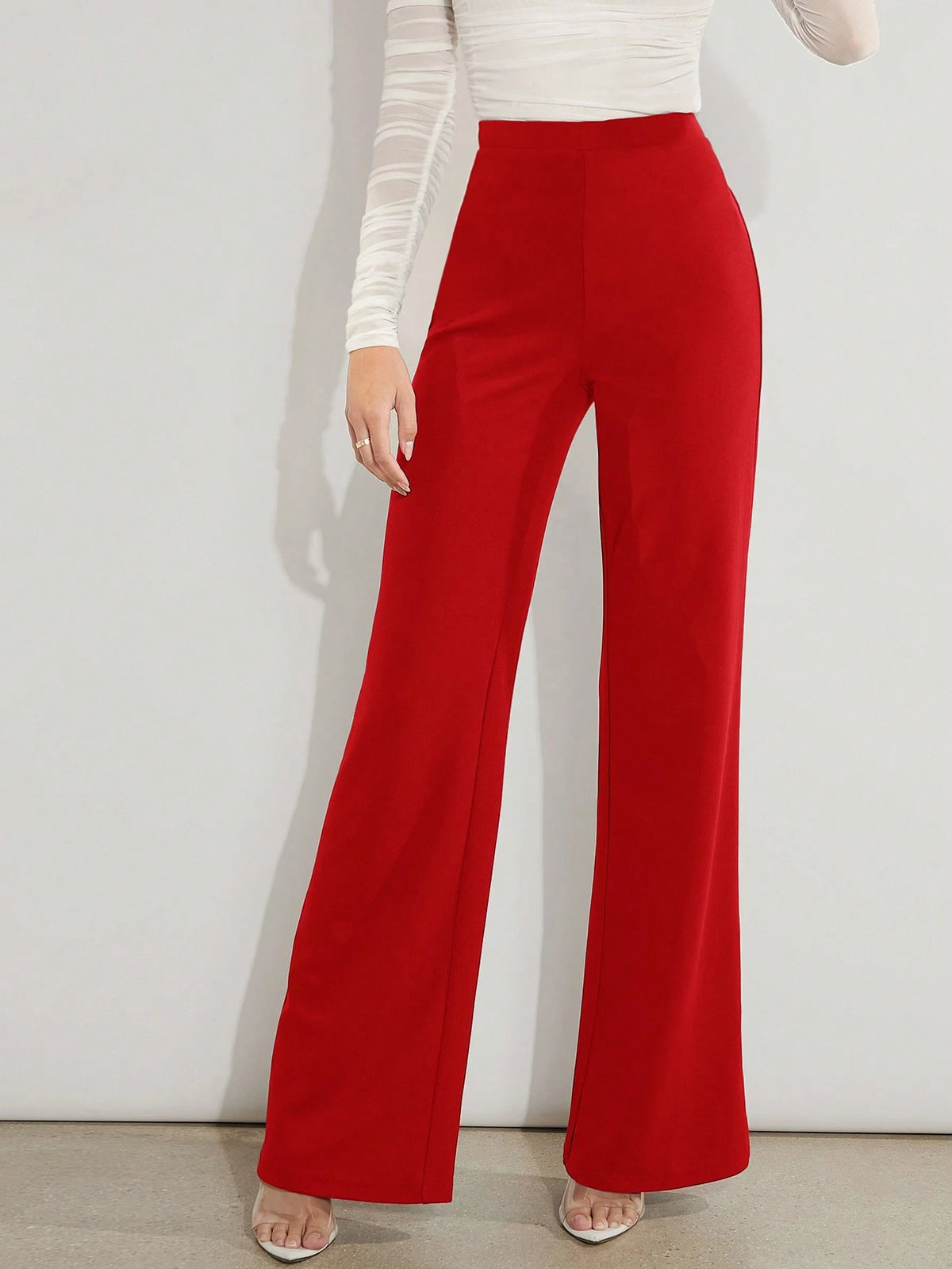 Amorya Women's Casual Solid Color High Waist Flare Leg Pants, Versatile For Work And Daily Wear Brown Wide Waisted Long Tall Women