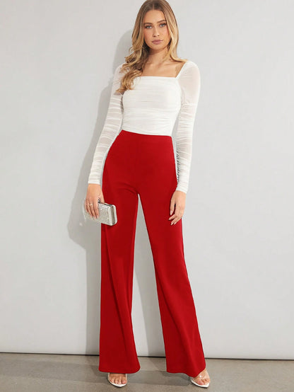 Amorya Women's Casual Solid Color High Waist Flare Leg Pants, Versatile For Work And Daily Wear Brown Wide Waisted Long Tall Women