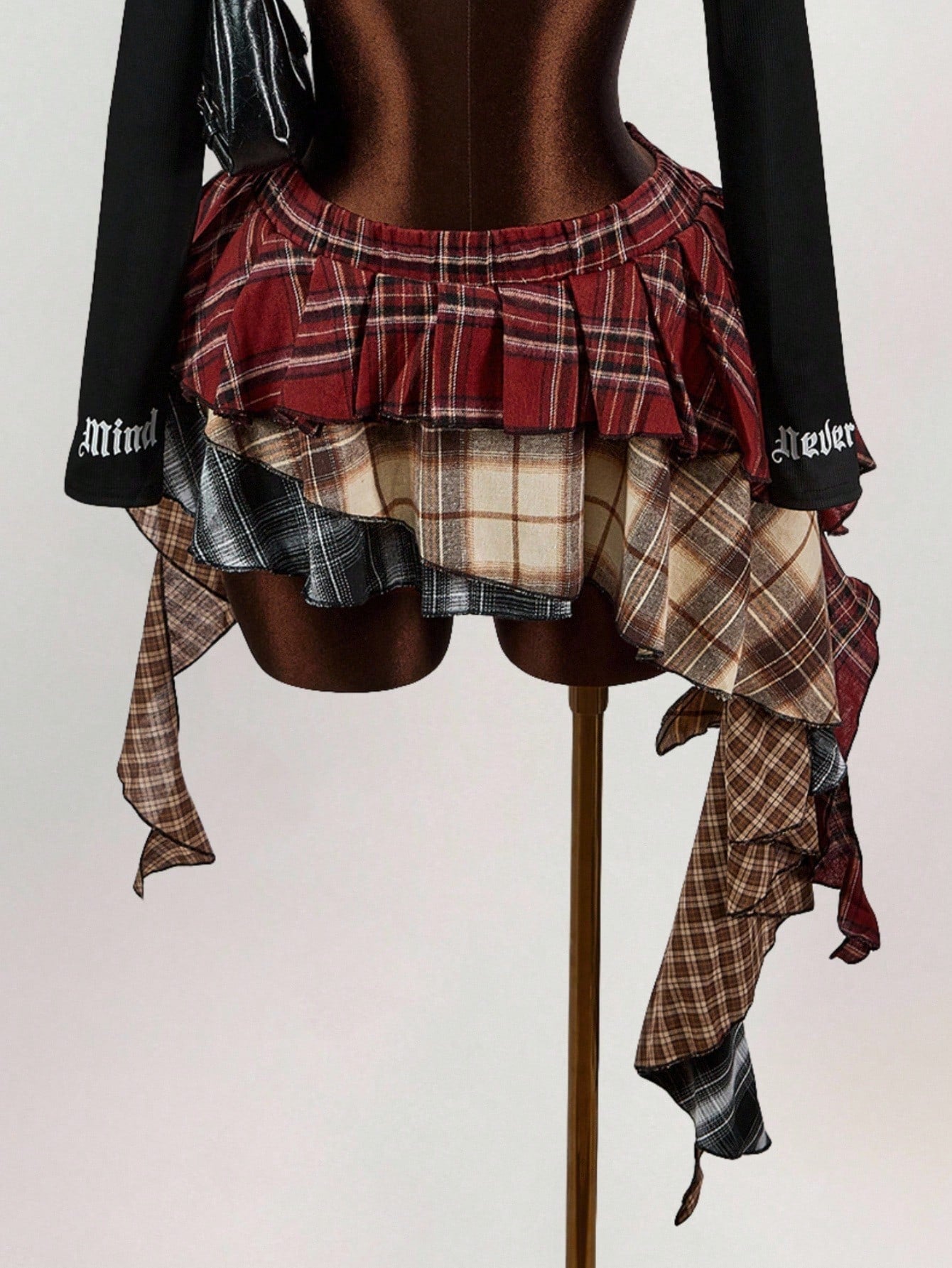 Amplova Asymmetric Ruffled Hem Mixed Plaid Mini Skirt