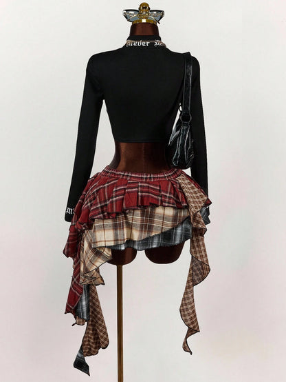 Amplova Asymmetric Ruffled Hem Mixed Plaid Mini Skirt