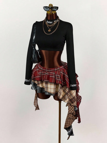 Amplova Asymmetric Ruffled Hem Mixed Plaid Mini Skirt
