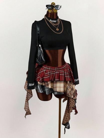 Amplova Asymmetric Ruffled Hem Mixed Plaid Mini Skirt