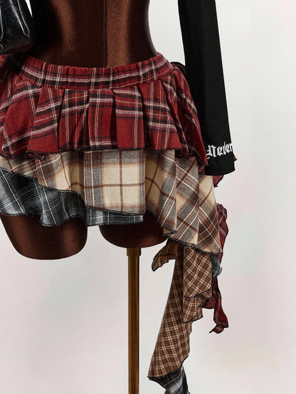 Amplova Asymmetric Ruffled Hem Mixed Plaid Mini Skirt