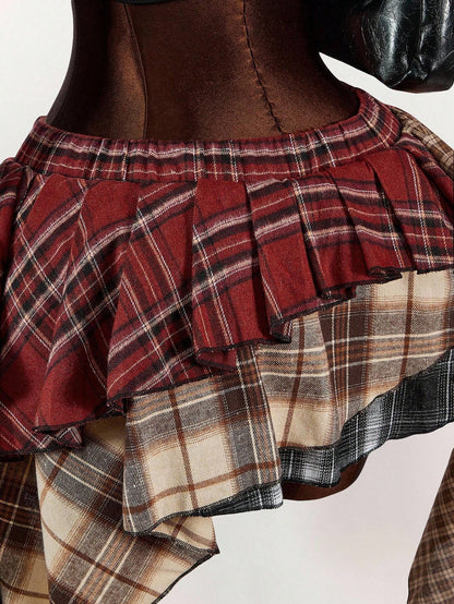 Amplova Asymmetric Ruffled Hem Mixed Plaid Mini Skirt