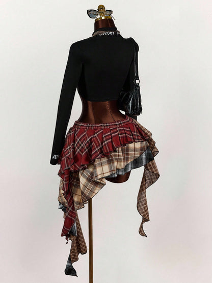 Amplova Asymmetric Ruffled Hem Mixed Plaid Mini Skirt