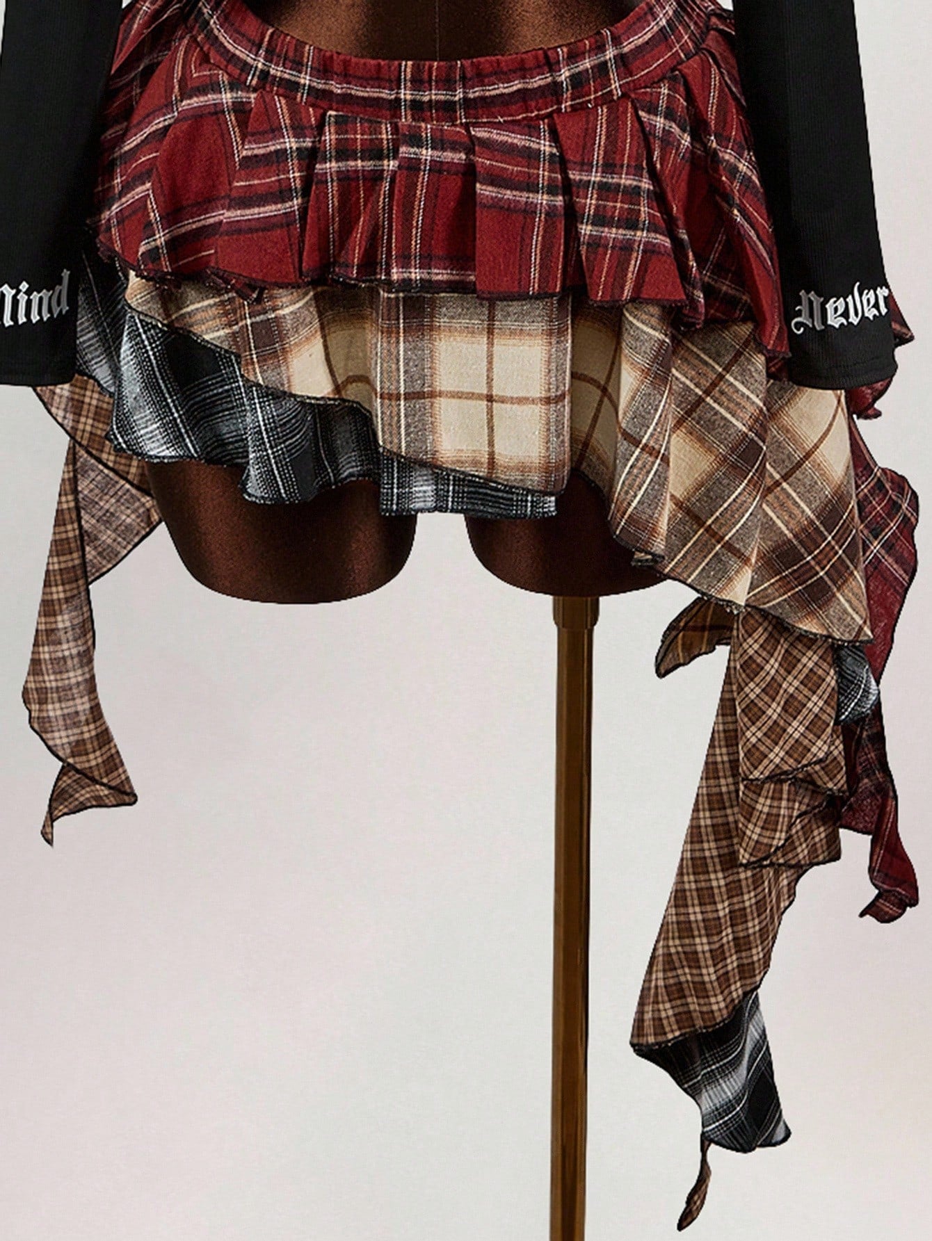 Amplova Asymmetric Ruffled Hem Mixed Plaid Mini Skirt