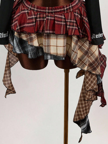 Amplova Asymmetric Ruffled Hem Mixed Plaid Mini Skirt