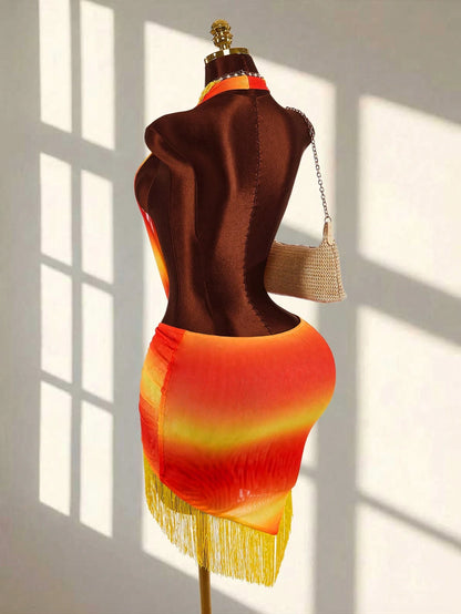 Amplova Backless Criss-Cross Fringe Tie Sheer Sexy Beach Mini Dress, Sleeveless Deep V-Neck