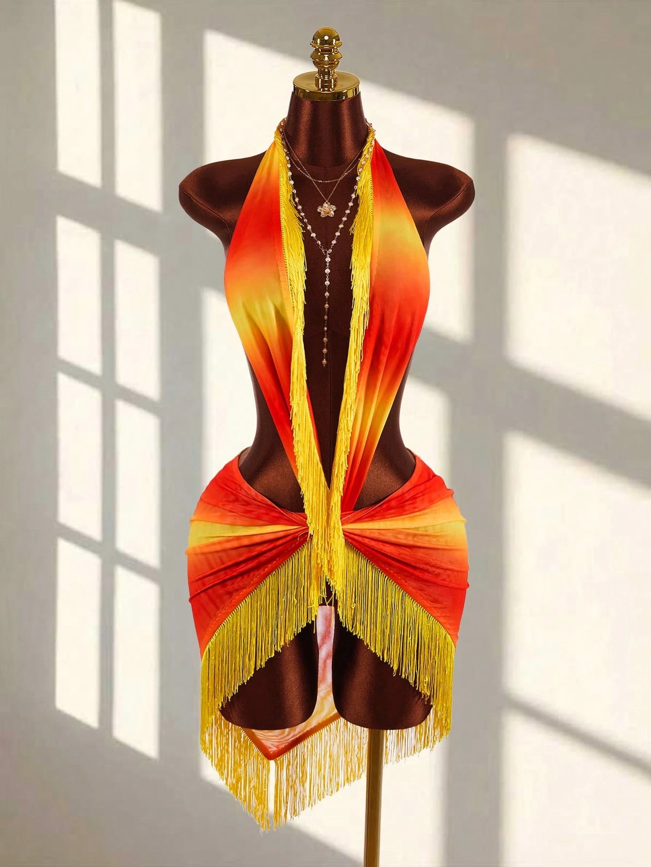 Amplova Backless Criss-Cross Fringe Tie Sheer Sexy Beach Mini Dress, Sleeveless Deep V-Neck