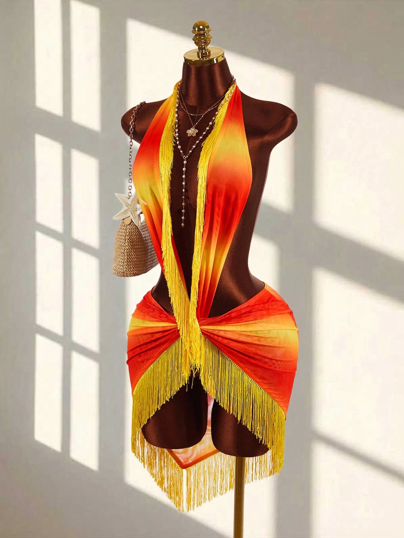 Amplova Backless Criss-Cross Fringe Tie Sheer Sexy Beach Mini Dress, Sleeveless Deep V-Neck