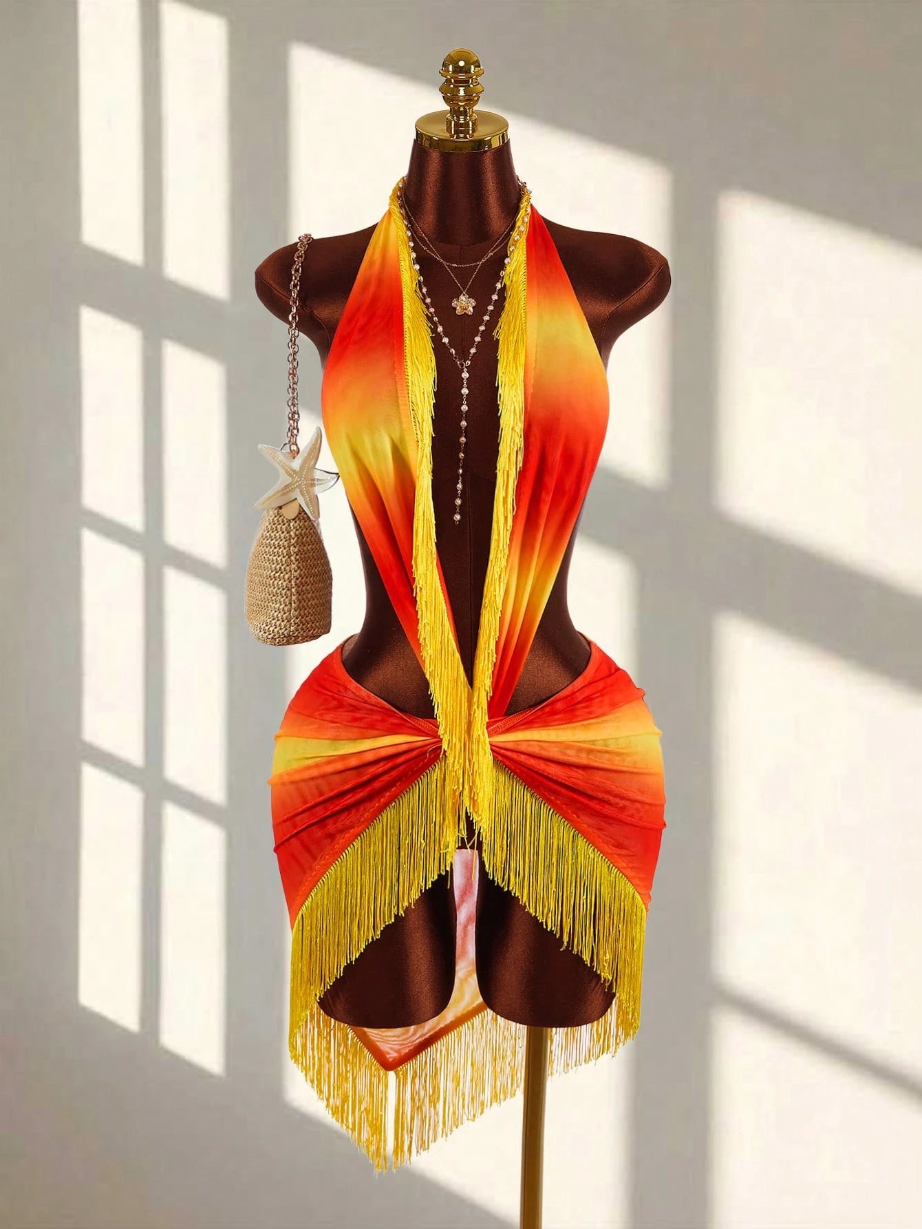 Amplova Backless Criss-Cross Fringe Tie Sheer Sexy Beach Mini Dress, Sleeveless Deep V-Neck