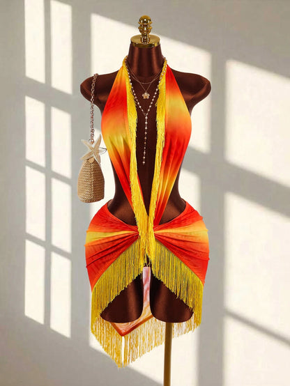 Amplova Backless Criss-Cross Fringe Tie Sheer Sexy Beach Mini Dress, Sleeveless Deep V-Neck