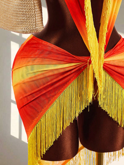 Amplova Backless Criss-Cross Fringe Tie Sheer Sexy Beach Mini Dress, Sleeveless Deep V-Neck
