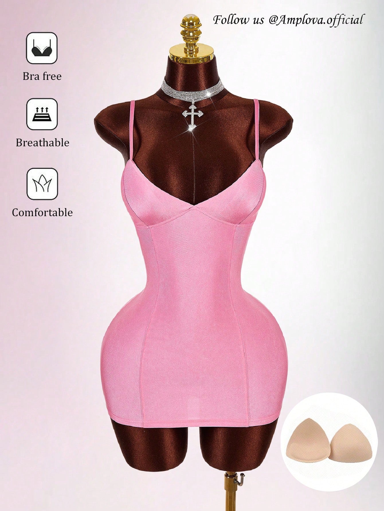 Amplova Soft Pink Summer Bandage Night Out Club Bodycon Mini Camisole Dress Padded Bust Avant-Garde Skin Tight Shapewear Dress Tummy Control Built In Bra Sexy
