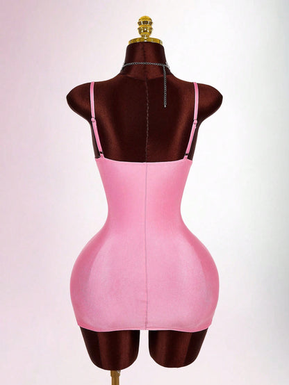 Amplova Soft Pink Summer Bandage Night Out Club Bodycon Mini Camisole Dress Padded Bust Avant-Garde Skin Tight Shapewear Dress Tummy Control Built In Bra Sexy