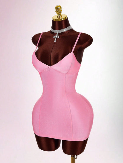Amplova Soft Pink Summer Bandage Night Out Club Bodycon Mini Camisole Dress Padded Bust Avant-Garde Skin Tight Shapewear Dress Tummy Control Built In Bra Sexy