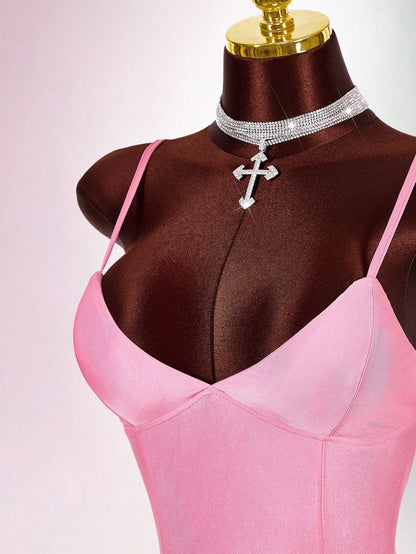 Amplova Soft Pink Summer Bandage Night Out Club Bodycon Mini Camisole Dress Padded Bust Avant-Garde Skin Tight Shapewear Dress Tummy Control Built In Bra Sexy