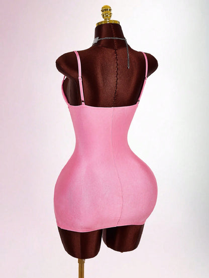 Amplova Soft Pink Summer Bandage Night Out Club Bodycon Mini Camisole Dress Padded Bust Avant-Garde Skin Tight Shapewear Dress Tummy Control Built In Bra Sexy