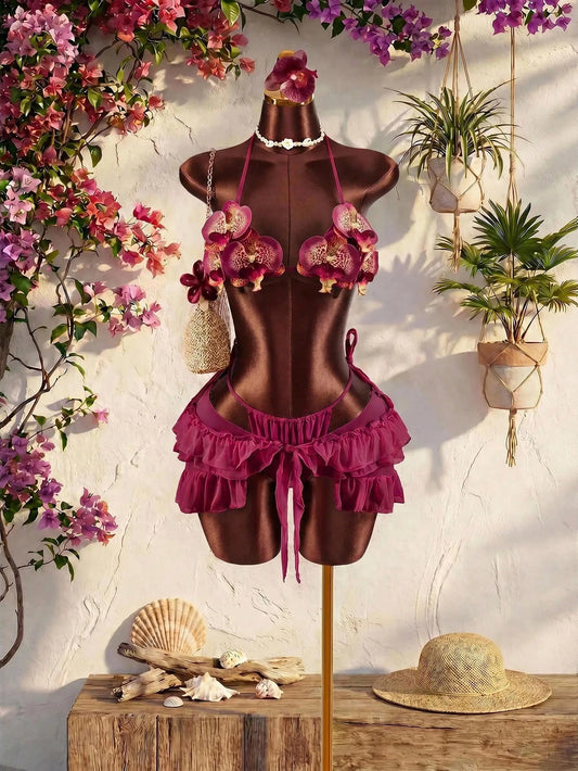 Amplova Women's 3-Piece Swimwear Set With 3D Floral Butterfly Orchid Bra, Solid Color Lining, Ruffle Hem Cover-Up And Front Knot Detail