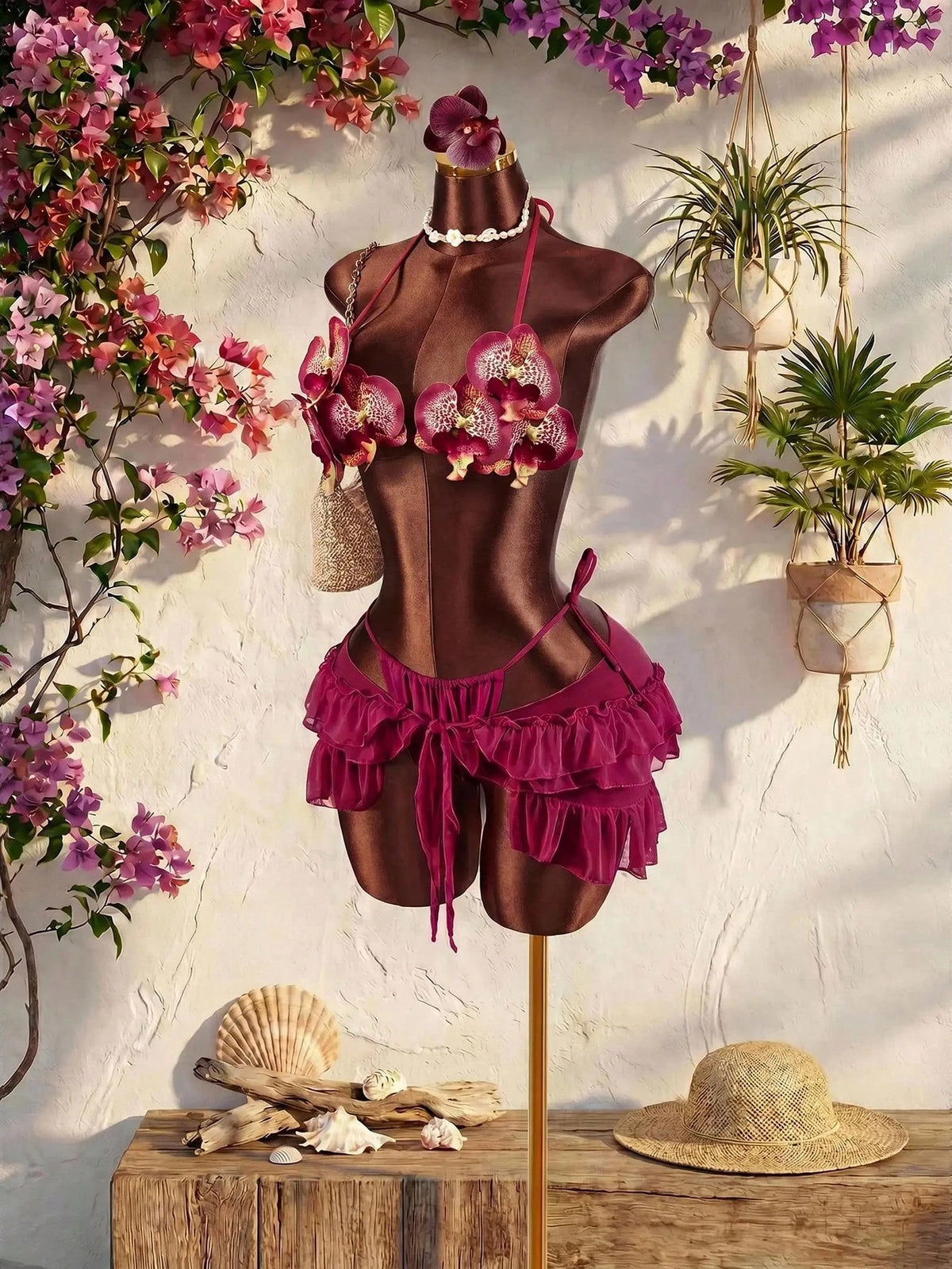 Amplova Women's 3-Piece Swimwear Set With 3D Floral Butterfly Orchid Bra, Solid Color Lining, Ruffle Hem Cover-Up And Front Knot Detail