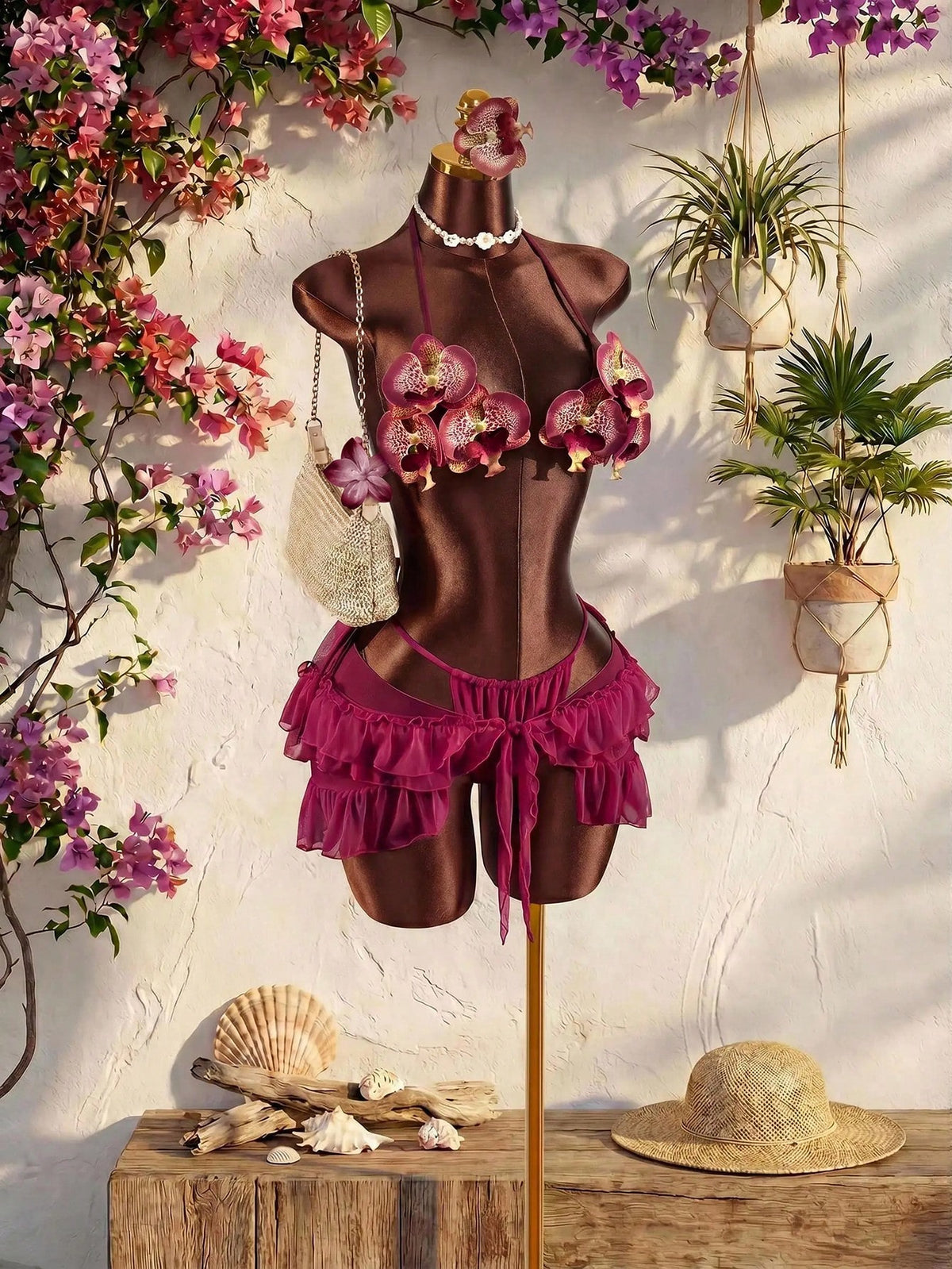 Amplova Women's 3-Piece Swimwear Set With 3D Floral Butterfly Orchid Bra, Solid Color Lining, Ruffle Hem Cover-Up And Front Knot Detail