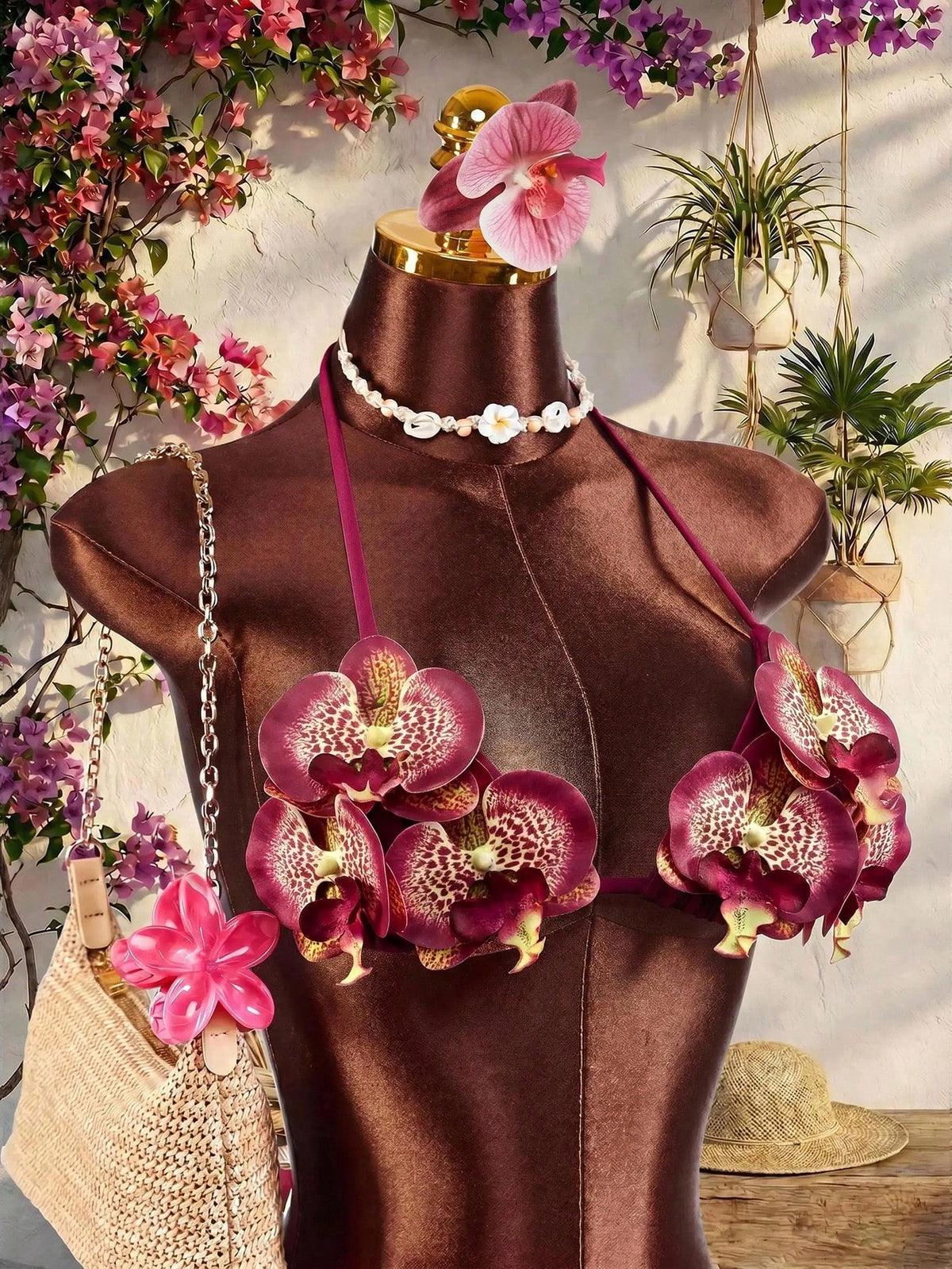 Amplova Women's 3-Piece Swimwear Set With 3D Floral Butterfly Orchid Bra, Solid Color Lining, Ruffle Hem Cover-Up And Front Knot Detail