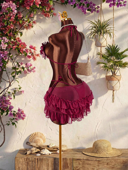 Amplova Women's 3-Piece Swimwear Set With 3D Floral Butterfly Orchid Bra, Solid Color Lining, Ruffle Hem Cover-Up And Front Knot Detail