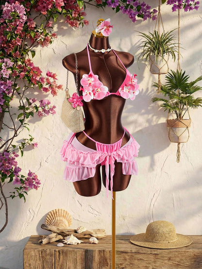 Amplova Women's 3-Piece Swimwear Set With 3D Floral Butterfly Orchid Bra, Solid Color Lining, Ruffle Hem Cover-Up And Front Knot Detail