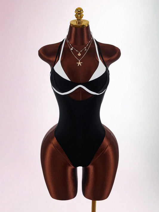 Amplova Women's Contrast Color One-Piece Swimsuit, Sexy And Fashionable Beachwear Summer Vacation
