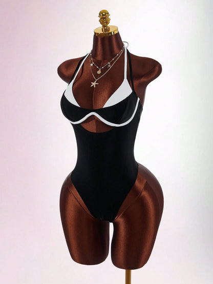 Amplova Women's Contrast Color One-Piece Swimsuit, Sexy And Fashionable Beachwear Summer Vacation