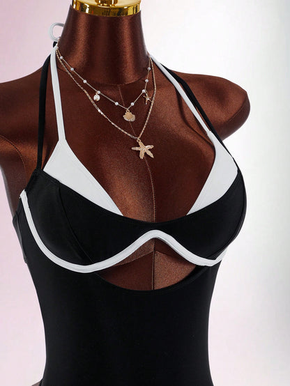 Amplova Women's Contrast Color One-Piece Swimsuit, Sexy And Fashionable Beachwear Summer Vacation