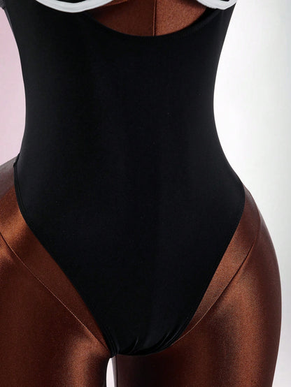 Amplova Women's Contrast Color One-Piece Swimsuit, Sexy And Fashionable Beachwear Summer Vacation