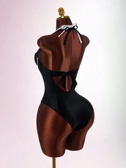 Amplova Women's Contrast Color One-Piece Swimsuit, Sexy And Fashionable Beachwear Summer Vacation