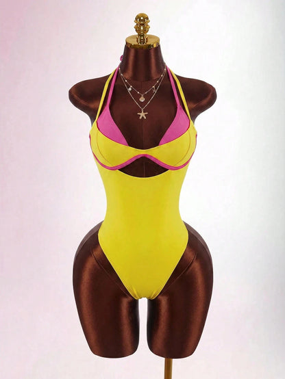 Amplova Women's Contrast Color One-Piece Swimsuit, Sexy And Fashionable Beachwear Summer Vacation